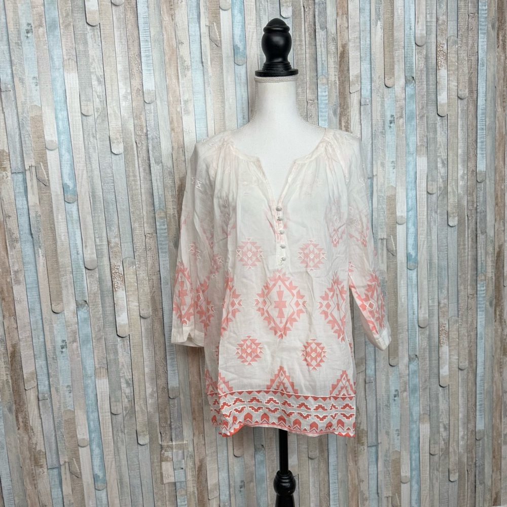 J Jill M Embroidered Geometric Peasant Blouse Top‎ Lightweight Cotton Silk Coral